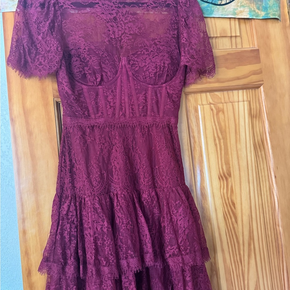Astr Burgundy Lace Mini Dress